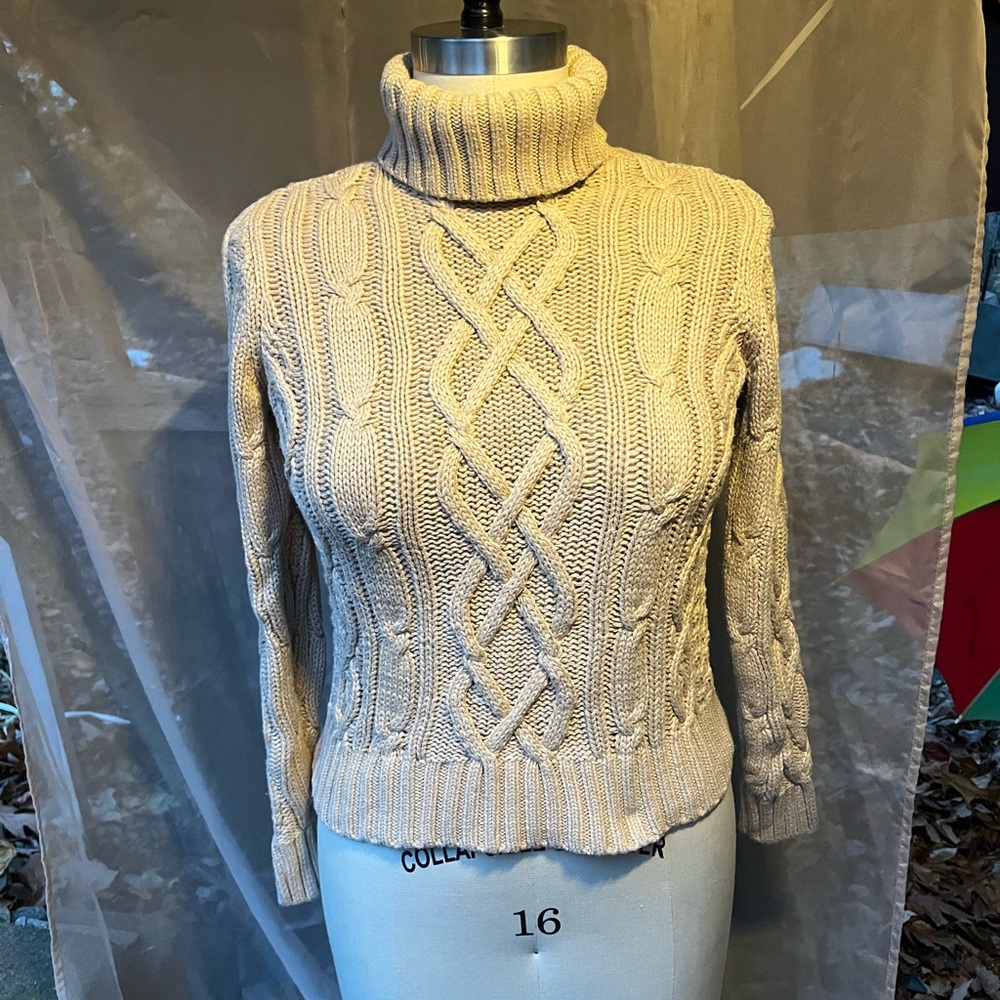 Lands' End Cream Cable Knit Turtleneck Sweater